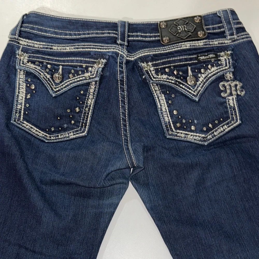 MISS ME Dark Indigo Easy Boot Cut‎ Jeans 29 Bedazzled Dark Blue Denim Rhinestone